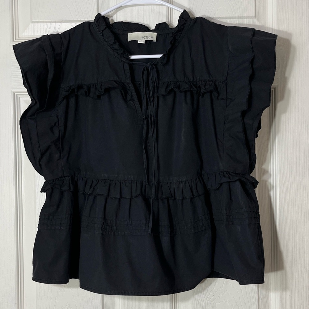 PINCH Black Ruffle Tiered Cropped Blouse Size S Romantic Date Night Chic - Picture 2 of 9